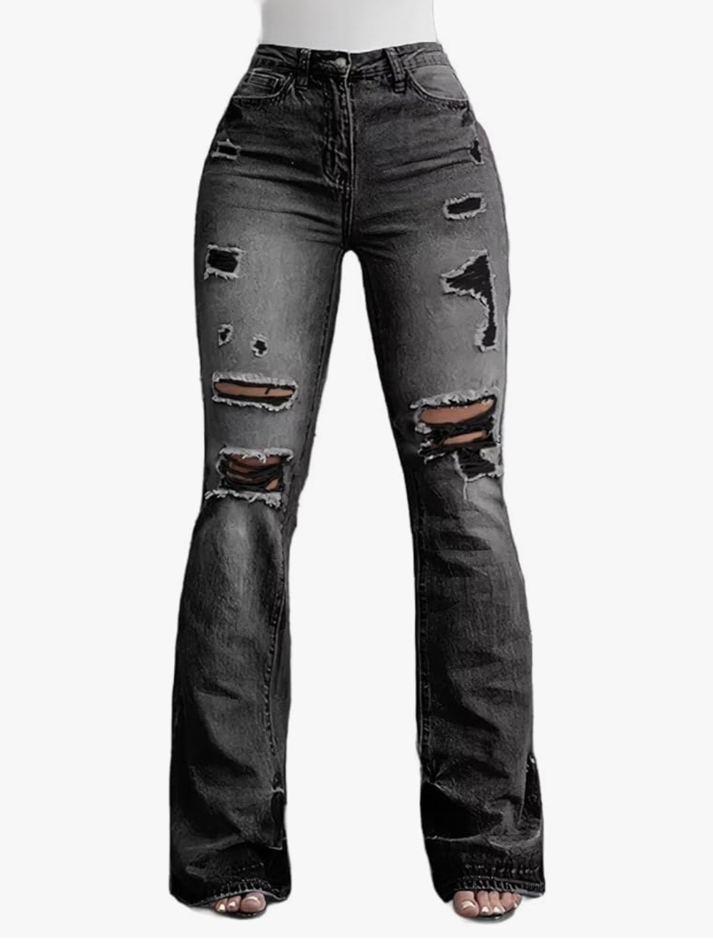 High-Rise Distressed Flare Jeans - Black - Picture 6 of 15